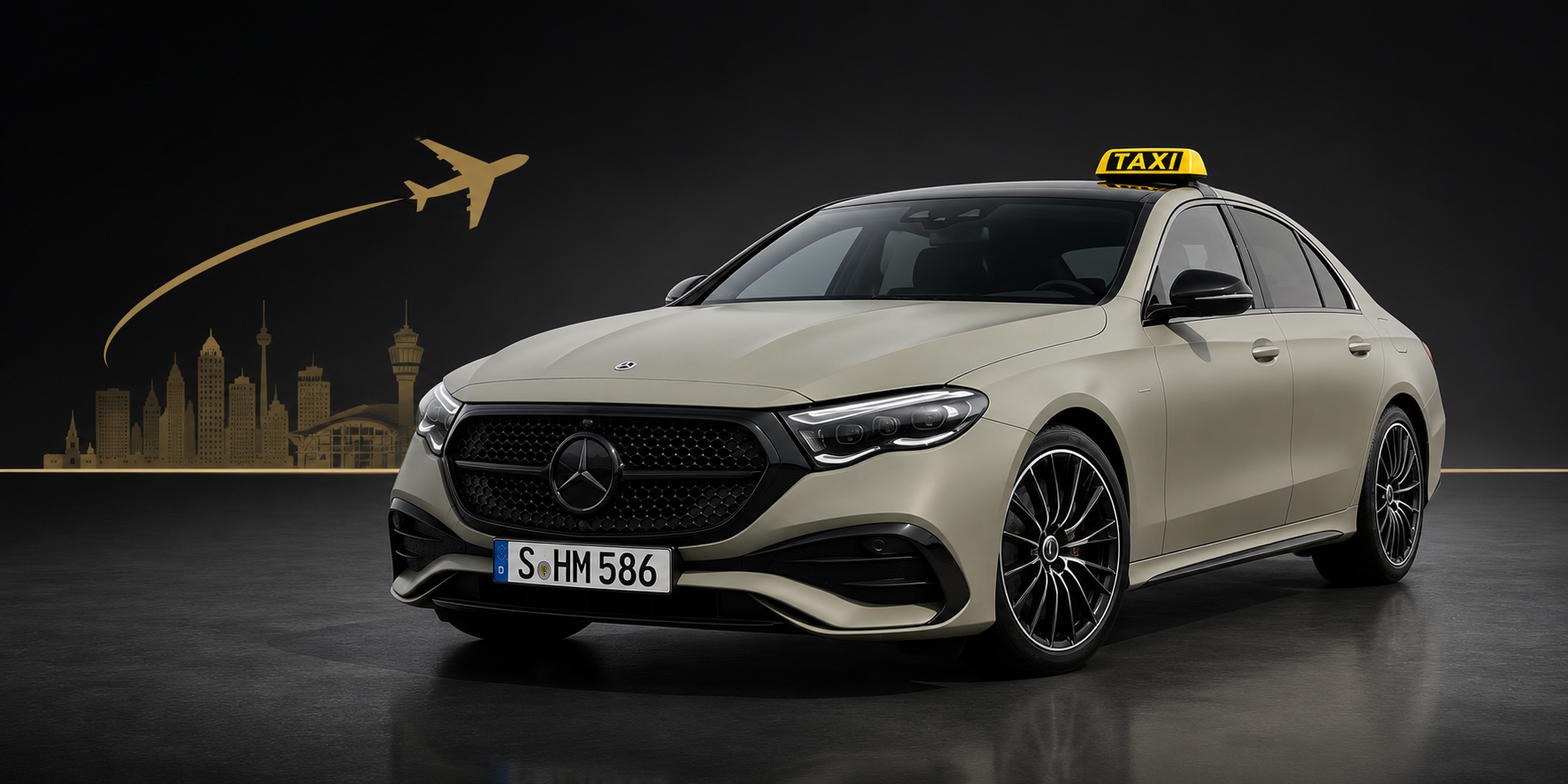 Premium Taxi Mercedes E-Klasse mit Taxi-Schild, Stuttgarter Skyline im Hintergrund